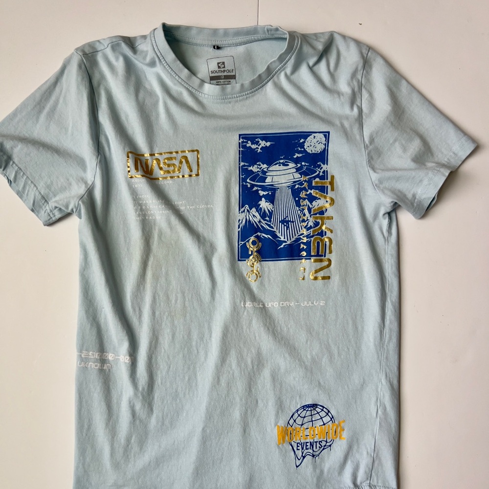South Pole Light Blue Short-Sleeve NASA Graphic Tee with Blue & Gold Print